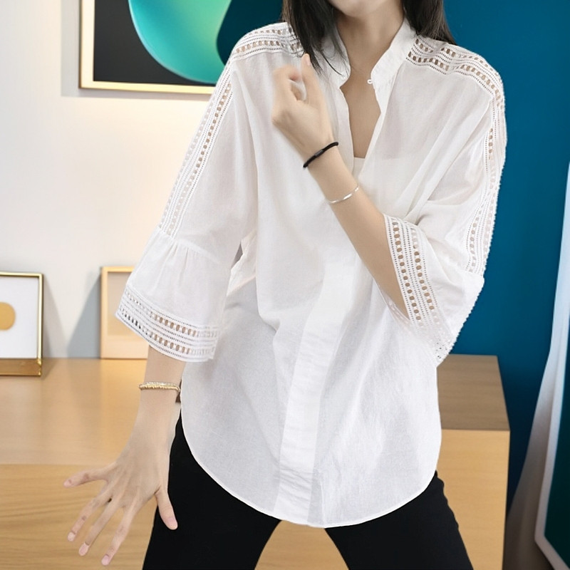 美Y 蒲公英衬衫 棉麻|文艺老钱蕾丝镂空立领宽松套头衬衣
