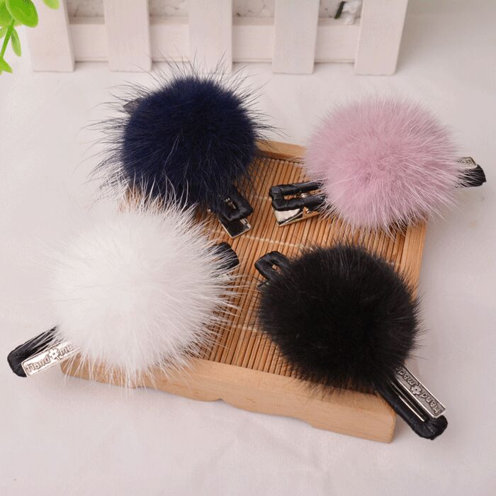 包邮韩版发饰进口水貂毛球发夹边夹刘海夹一字夹大辆鸭嘴夹冬顶夹