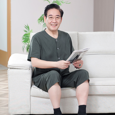 中老年男士棉绸夏季爷爷开衫居家服七分裤爸爸棉绸套装薄款人造棉