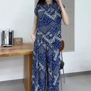 夏季 气质新款 慵懒度假风定制天丝棉绸国风套装 时尚 妈妈 阔腿裤 中式