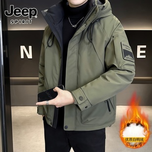 鸭绒保暖外套 宽松户外工装 JEEPSPIRIT高品质连帽绒羽绒服男士 短款