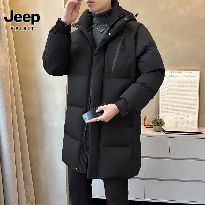 JEEPSPIRIT吉普冬季中长款棉衣休闲风连帽加厚保暖宽松棉袄外套男
