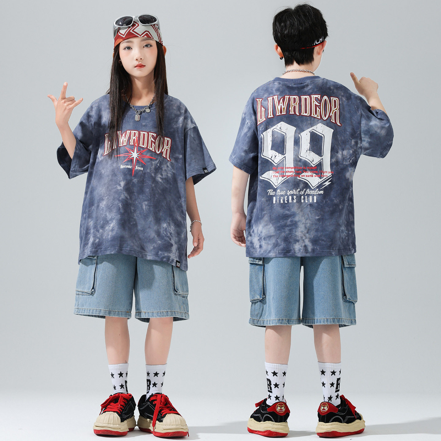 儿童街舞演出服bboy夏季潮酷少儿嘻哈扎染短袖牛仔短裤套装男女童