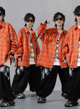 少儿童街舞演出服显眼靓丽hiphop潮服格子衬衫popping套装架子鼓