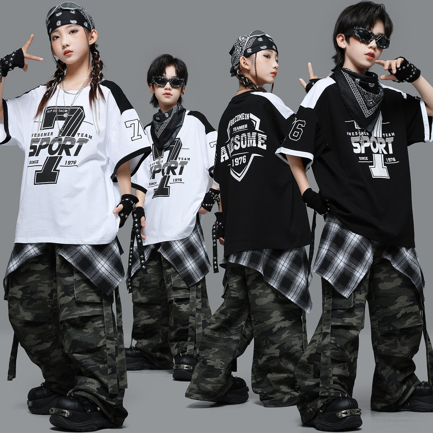 儿童街舞潮服少儿个性迷彩工装裤美式体恤男女童嘻哈hiphop演出服