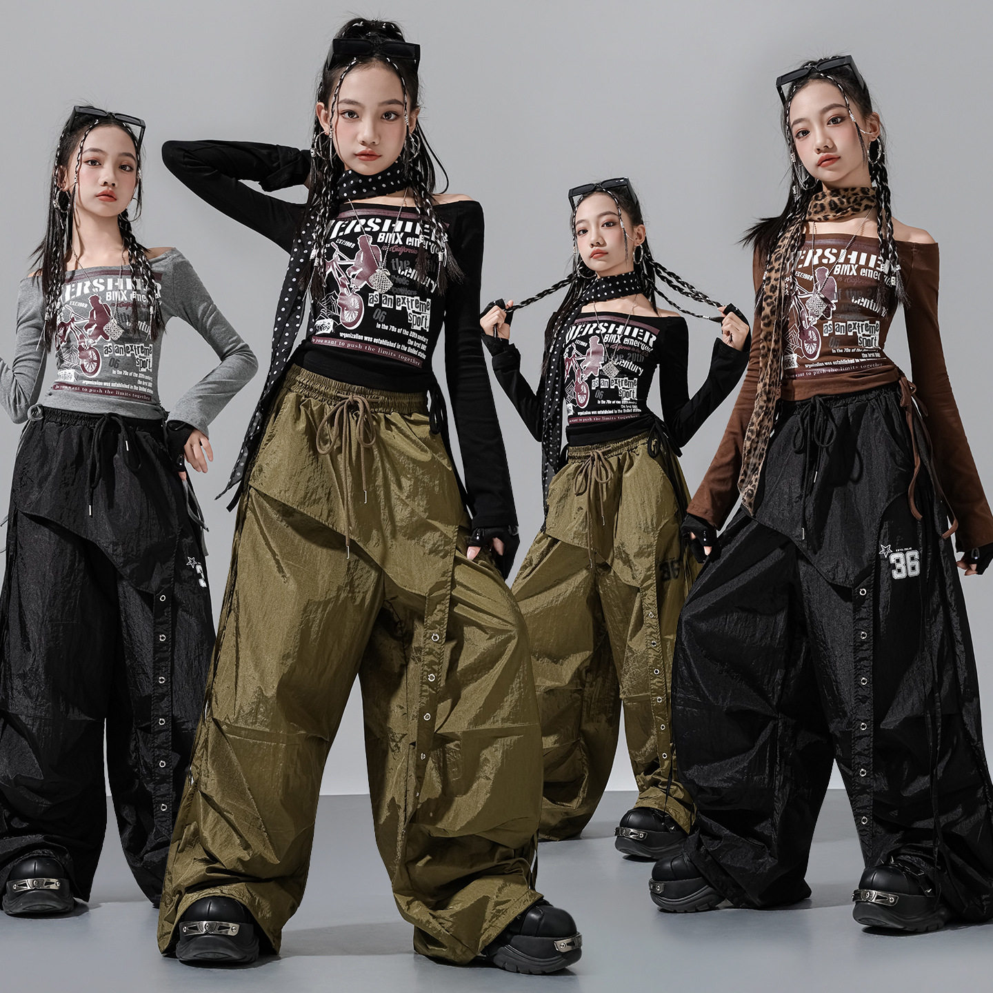 女童爵士舞服装jazz潮服套装女童一字肩长裤两件套少儿街舞练功服