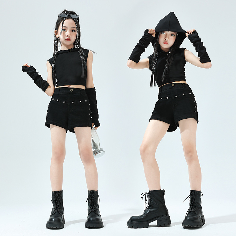 女孩儿童爵士现代舞蹈演出服装女童jazz纯棉卫衣短裤套装街舞表演