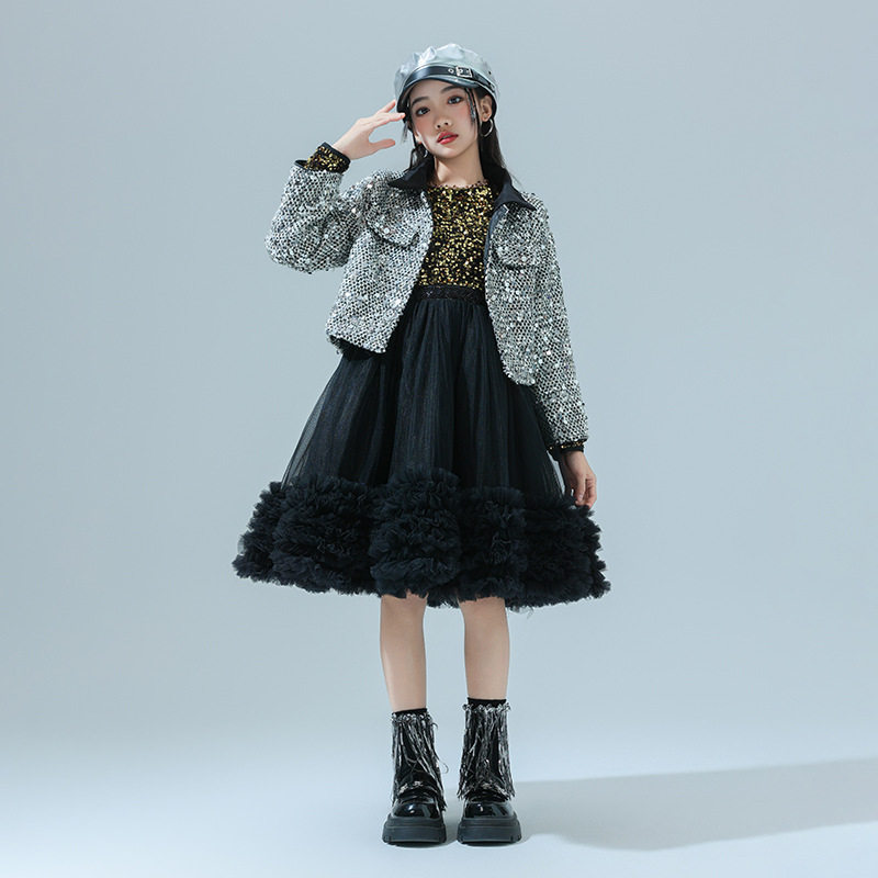 儿童爵士舞演出服装女童走秀高定礼服裙子女孩公主裙蓬蓬纱裙模特