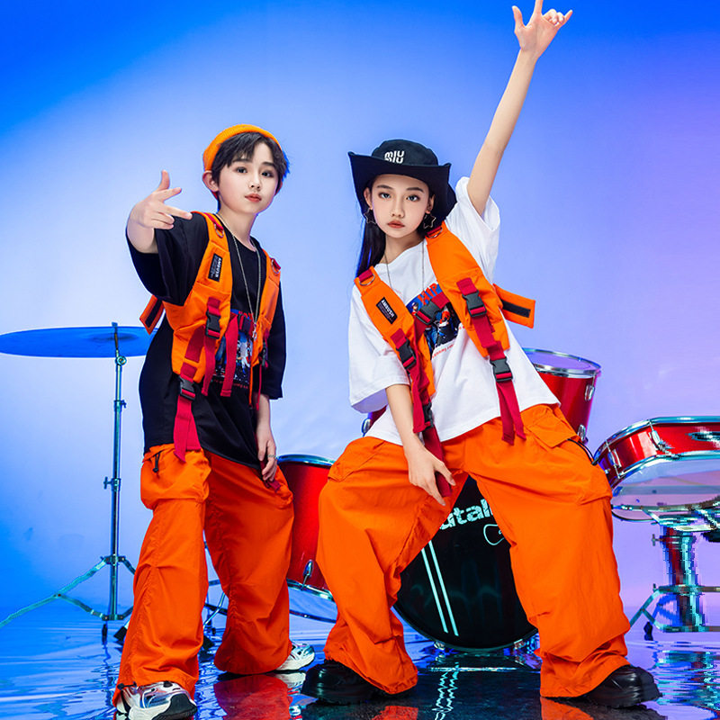 儿童街舞hiphop夏季套装男女孩架子鼓乐队服装popping定制短袖T恤