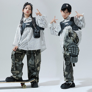 街舞儿童潮服funky日系马甲条纹衬衫男童复古秋季套装hiphop演出