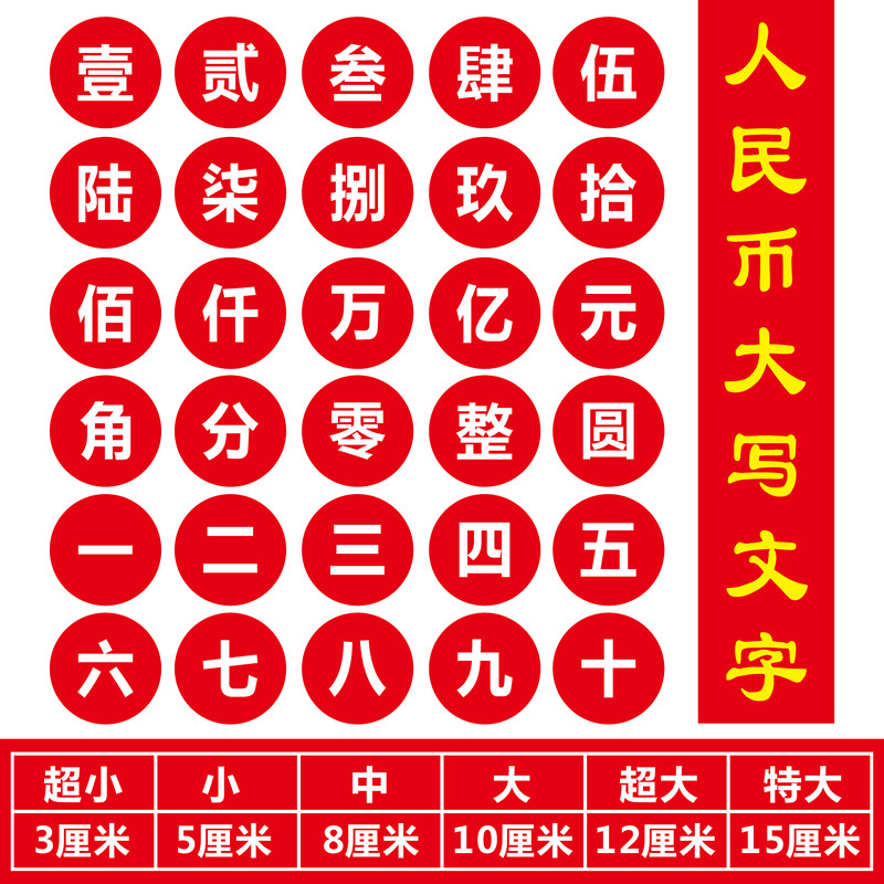 人民币大写文字贴纸防水防晒耐磨pvc软膜定制贴会计对照练习贴纸
