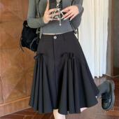 蝴蝶结半身裙女春夏微胖m高腰复古减龄百褶黑色A字显瘦蓬蓬短裙子