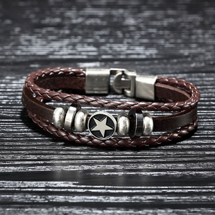 高街辣妹复古民族风多层手链串珠皮绳五角星编织手绳男学生配饰品