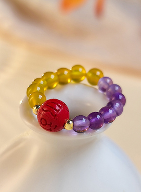 本命年朱砂六字真言戒指女简约串珠食指戒潮流禅意新中式水晶指环