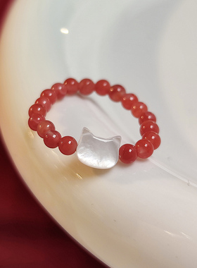 天然红玛瑙南红贝壳小猫戒指闺蜜极细指环气质国风首饰红色本命年