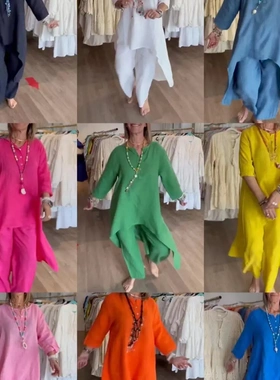速卖纯色休闲长袖棉麻套装女