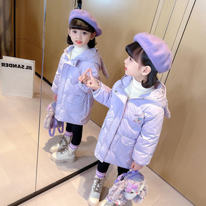 女童羽绒服保暖粉色2023新款儿童中长款连帽90鸭绒外套冬季棉衣潮