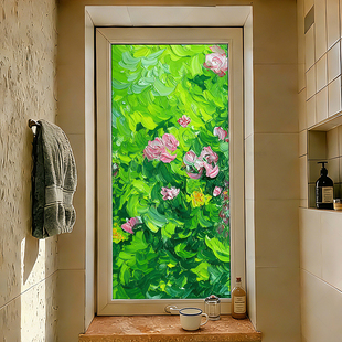 2026新款油画风厕所窗户防偷窥静电贴透光不透人厨房玻璃装饰贴膜