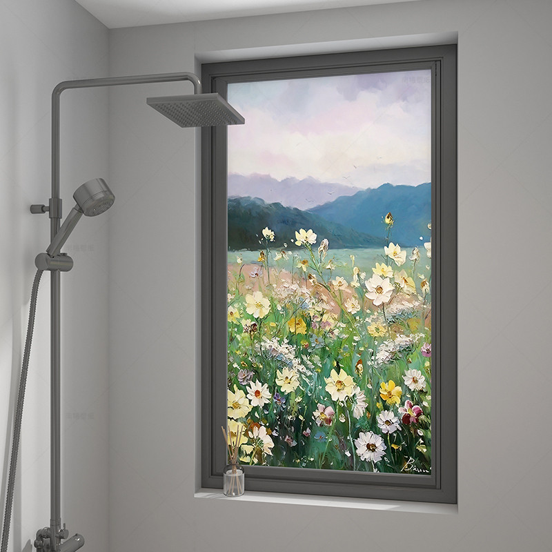 雏菊油画卫生间磨砂玻璃贴膜透光不透明静电膜高级感防窥装饰贴纸,家居饰品,防窥贴/膜,淘宝优惠券,粉丝福利购,淘宝优惠卷