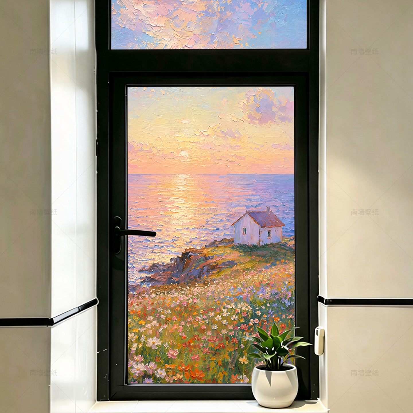 油画海边花海浴室卫生间磨砂玻璃贴膜透光不透人窗户防窥膜可定制