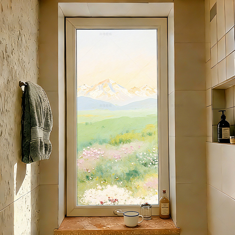 莫奈花卉油画装饰玻璃贴纸静电吸附卫生间专用透光不透人玻璃贴膜,家居饰品,家居保护膜,淘宝优惠券,粉丝福利购,淘宝优惠卷