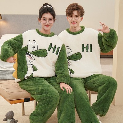 珊瑚绒男士女士冬季加厚加绒睡衣青少年冬天蜡笔小新套装