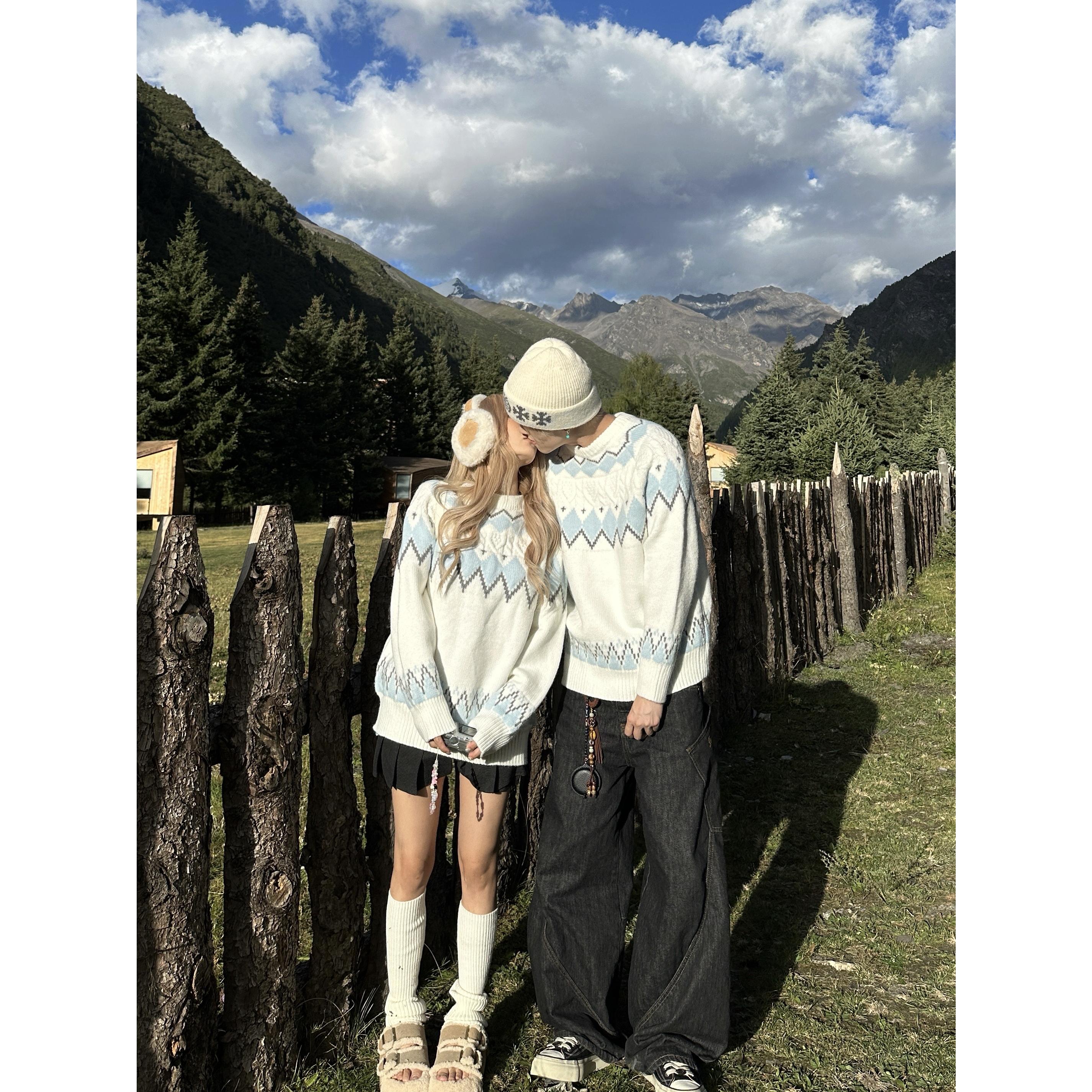 卿卿酱费尔岛森系毛衣女秋冬季慵懒风套头针织衫白色情侣装