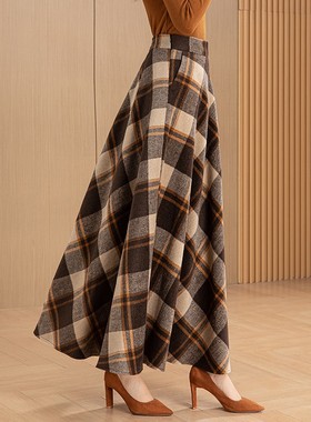 2025秋冬新款毛呢格子半身裙女高腰a字裙冬裙中长款加厚大码长裙