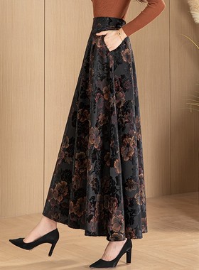 秋冬新款高端印花大摆半身裙女复古大码A字裙百搭气质提花长裙子