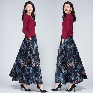 a字裙 民族风棉麻半身裙中年大摆跳舞长裙女高腰大码 2019秋季 新款