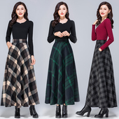 秋冬毛呢格子半身裙女跳舞新款 a字大摆裙高腰显瘦长裙 大码 中长款