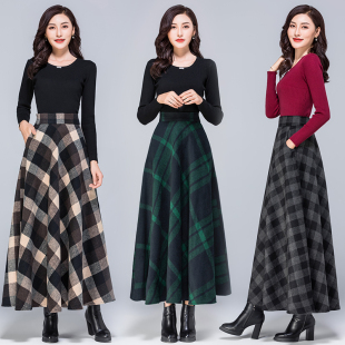 秋冬毛呢格子半身裙女跳舞新款大码中长款a字大摆裙高腰显瘦长裙