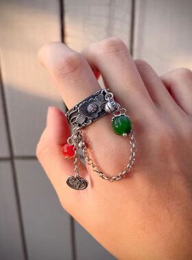 国潮风牡丹花流苏戒指 复古民族风点缀食指戒 活口