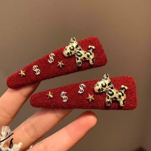 马上有钱花新年红色喜庆发夹设计感豹纹侧边刘海碎发bb夹发卡