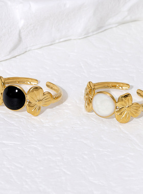 欧美ins风流行不锈钢戒指开口时尚花朵滴油不掉色钛钢指环手饰品