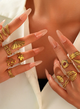 欧美流行不锈钢树叶开口戒指女不掉色个性不规则线条花朵钛钢戒指