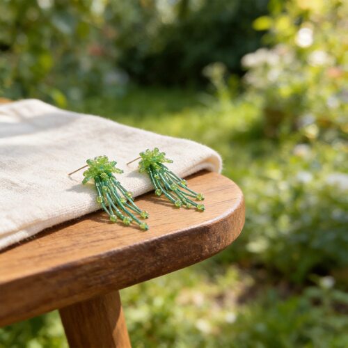 长夏绿野 超仙绿色花朵串珠流苏耳环女海边度假风耳钉方圆脸耳饰