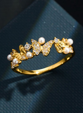 森系小清新蝴蝶开口戒指时尚百搭微镶锆石指环可调节食指戒