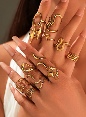 欧美时尚夸张不锈钢戒指女18k金简约ins风设计感指环手饰