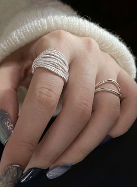 小众手工层次感银戒指ins多层线股层叠夸张指环冷淡风钻石女潮