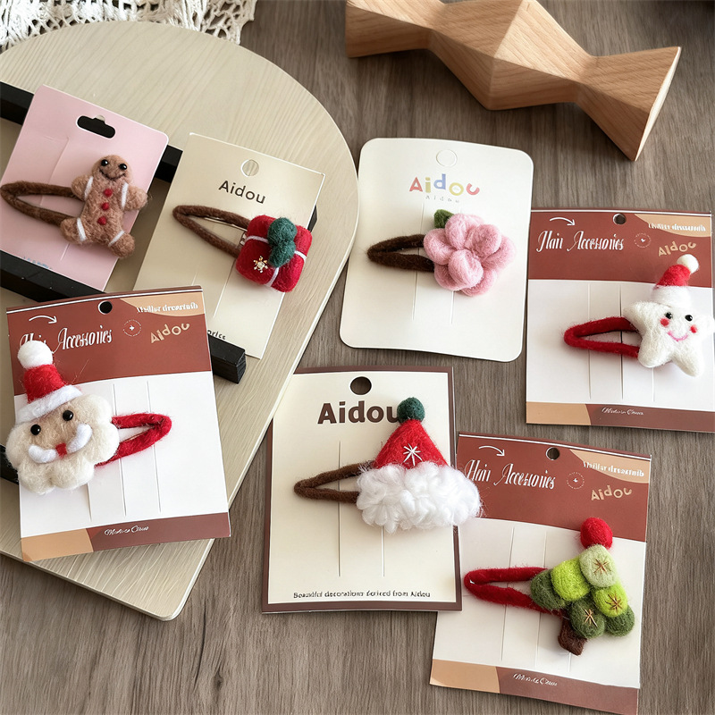 羊毛毡圣诞老人头像卡通女孩发夹节日礼物甜甜圈发卡刘海夹侧边夹