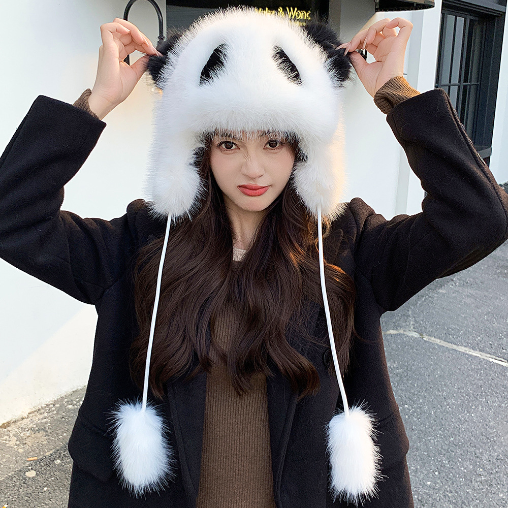 可爱冬季仿狐狸毛小熊猫帽子保暧防风护耳帽亲子款包头帽雷锋帽女