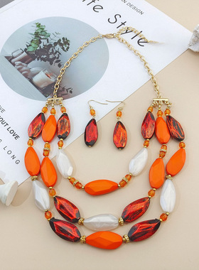 跨境时尚三排仿古套链复古三层亚克力项链耳环套装