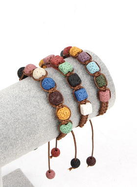 欧美新款火山石手工编织手链马卡龙色系可调节民族风情侣手环