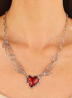 跨境甜酷朋克风暗红爱心吊坠颈链暗黑小众设计感气质百搭锁骨链