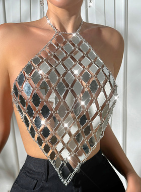 跨境新款挂脖吊带背心拼接亚克力时尚ins露背上衣女Y22513