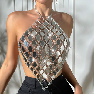 跨境新款 ins露背上衣女Y22513 挂脖吊带背心拼接亚克力时尚