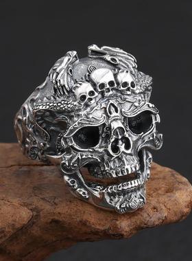 复古泰银夸张霸气骷髅头指环 泰银男士开口调节戒指 个性流行