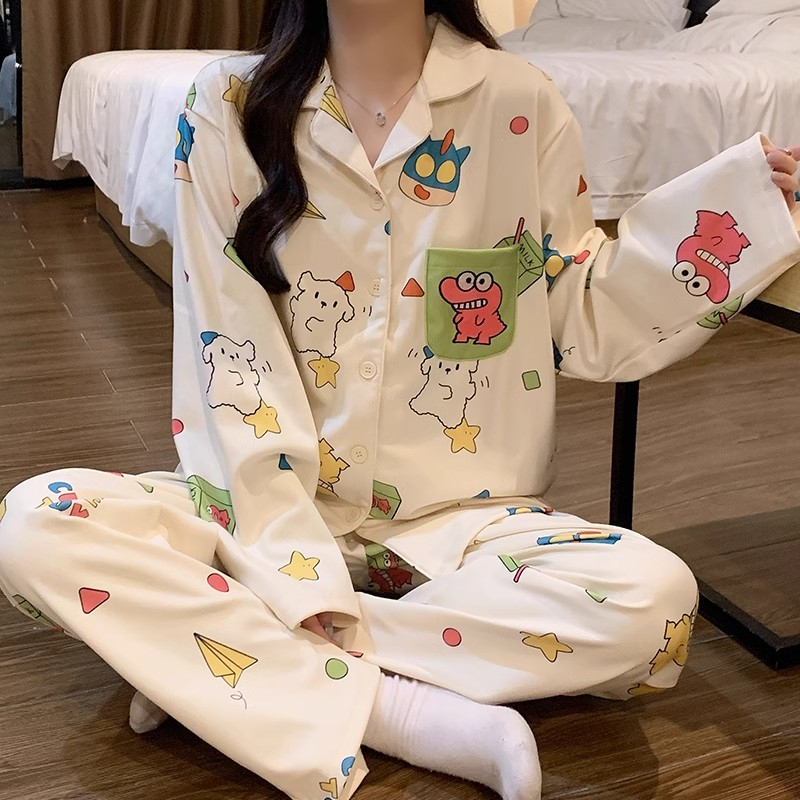 风卡通蜡笔小新睡衣女秋冬长袖长裤少女感家居服
