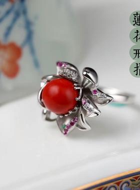 一生安朱砂莲花戒指女纯银镶嵌复古活口指环新中式国风灵丹真朱砂